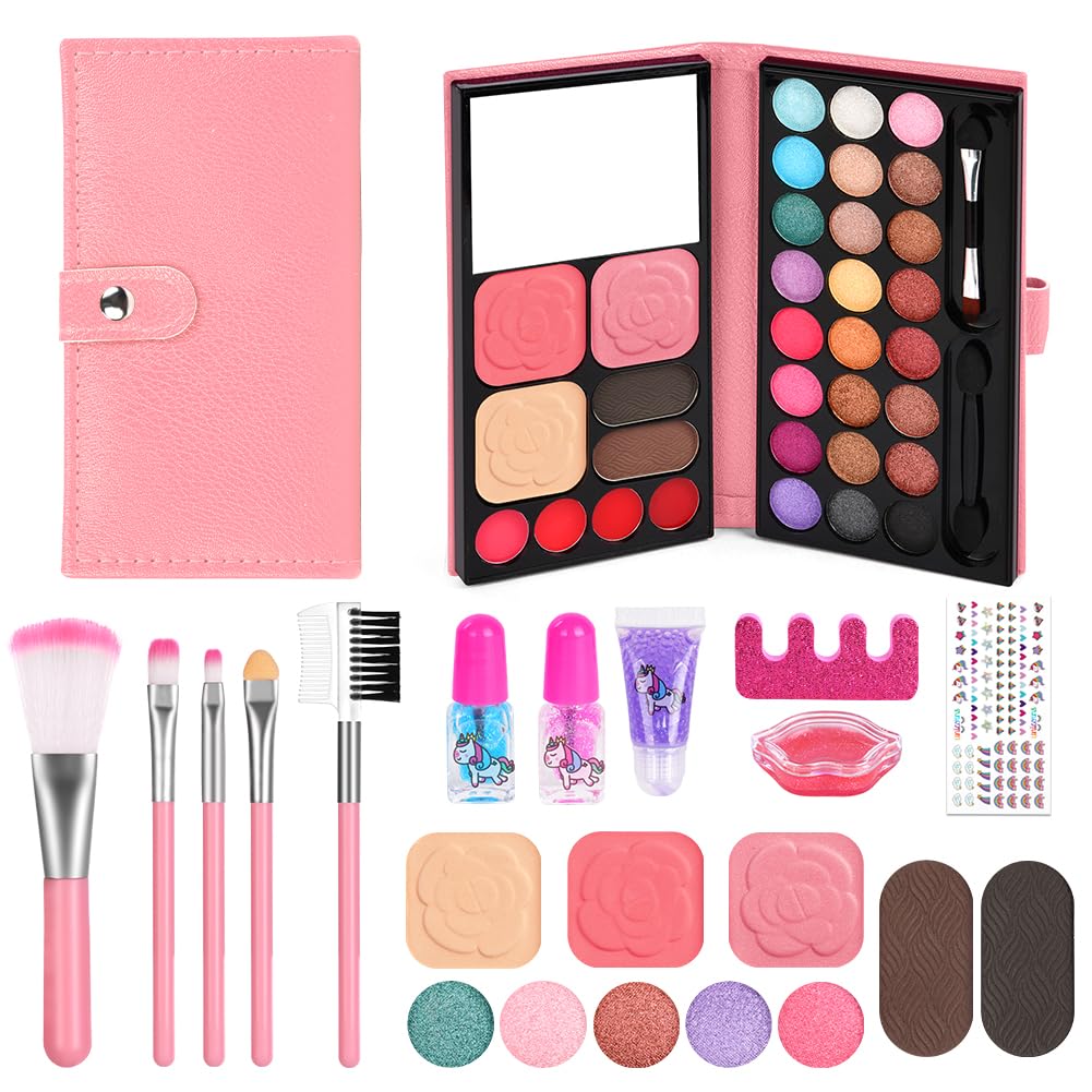 Aomig 12Pcs Kids Makeup Set for Girls - Pink Palette Toys, Non-Toxic Washable Children's Cosmetics, Princess Gift for Birthdays, Halloween, Christmas
