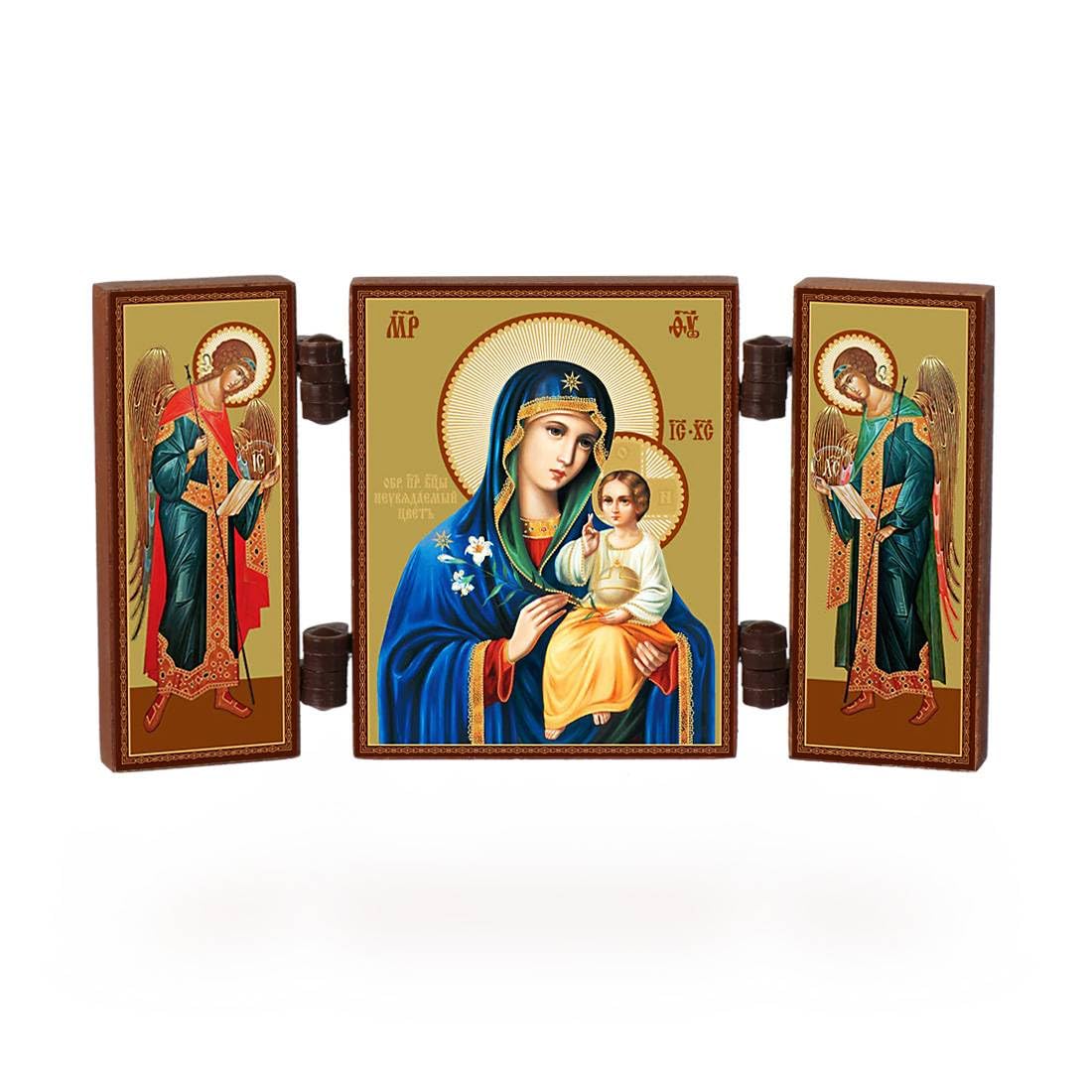 NKlaus - Mother of God Not Withering Flower - Christian Icon Triptych - Neuvjadaemyj Cvet - travelling altar wood 36166