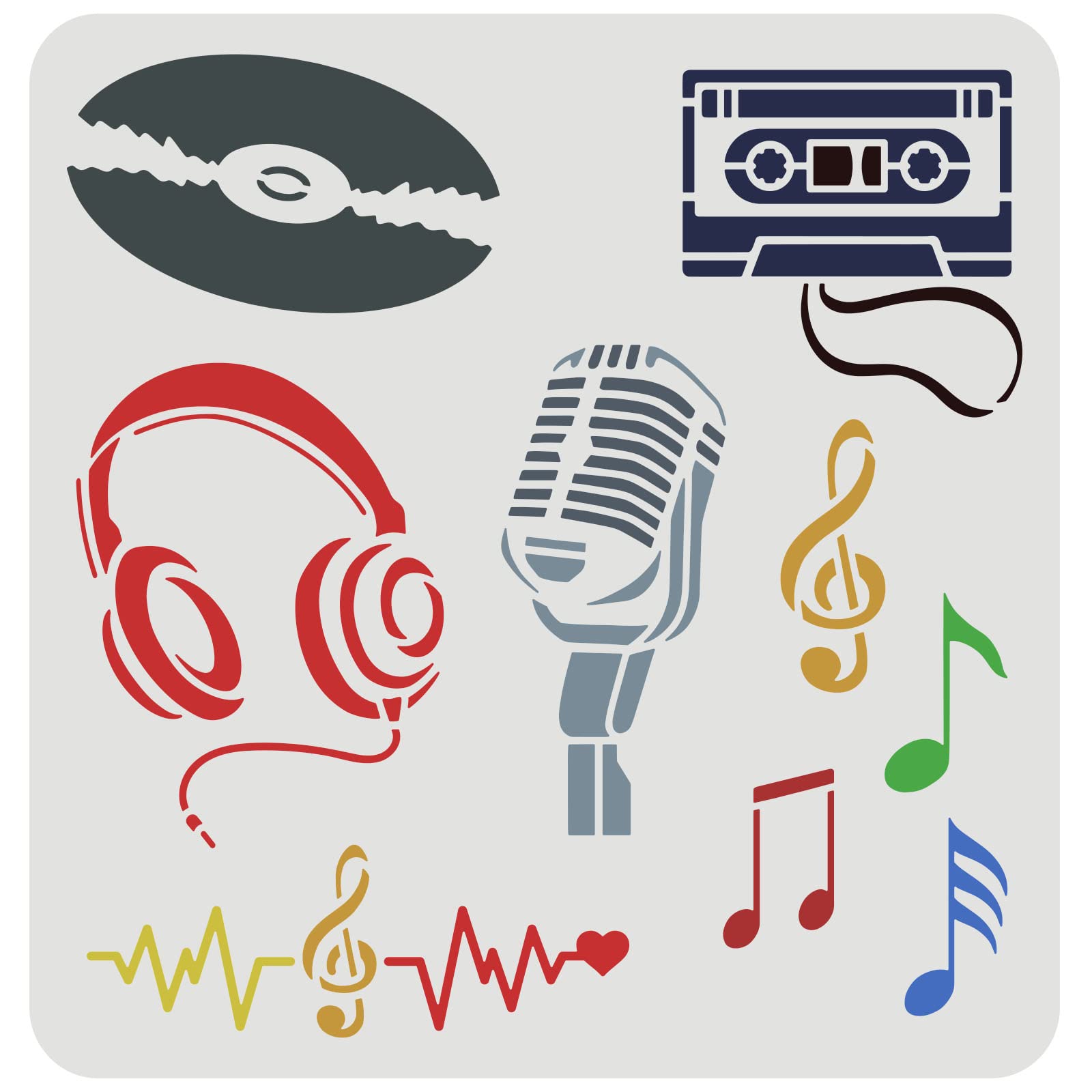 FINGERINSPIRE Musical Stencils 30x30cm Music Notes Stencil Plastic Microphones, Tapes, CDs, Headphones Pattern Stencils Reusable Musical Theme Stencils DIY Stencil for Concerts, Classroom Decor