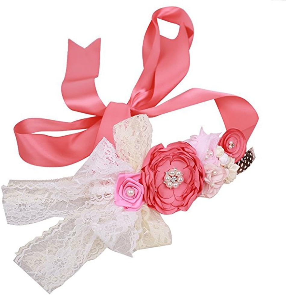 Floral Maternity Pregnancy Sash Belt with Flower for Baby Shower Dress/Maternity Photography Props/Flower Girl Sash (Y-Watermelon Red)