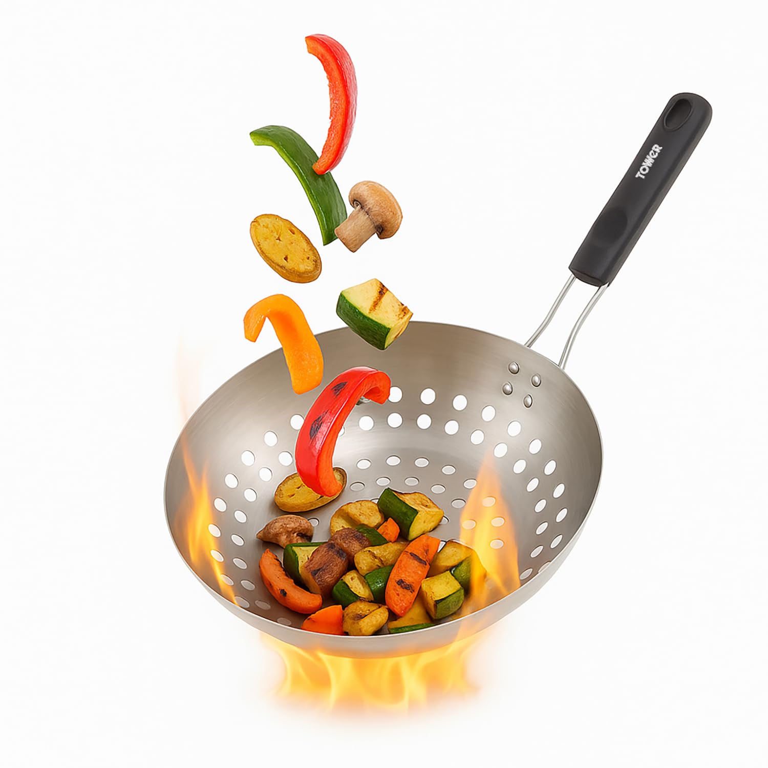 Tower, Outdoor Living Stainless Steel Grill Wok with Folding Bakelite Handle, Stainless Steel, T932017
