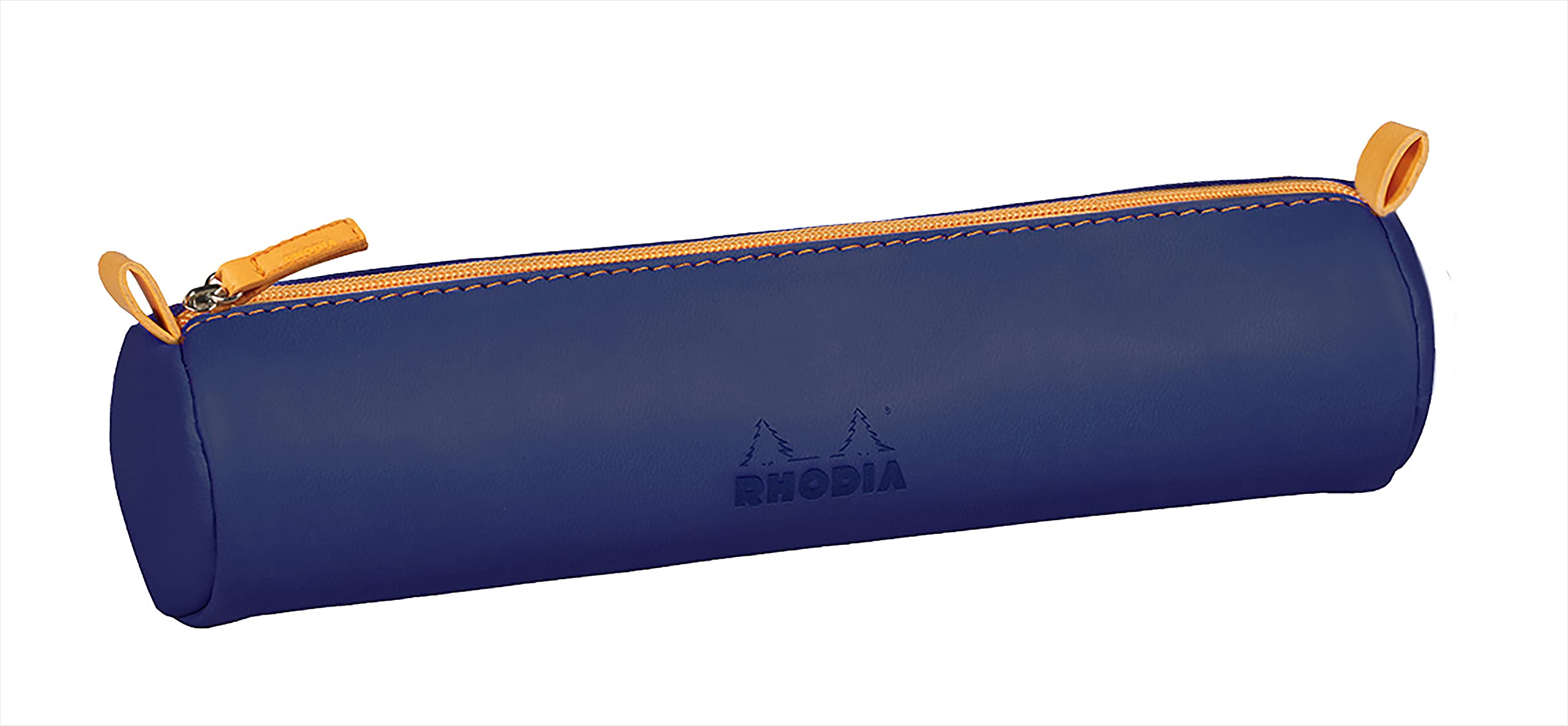 RHODIA 319008C - Rhodiarama Round Pencil Case Midnight Blue - 21.5 x 5.5 cm - Genuine Orange Stitching - Ivory Jersey Interior - Faux Leather - Storage for Pens, Pencils, Markers, Small Supplies