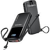 POERUNI. 10000mAh Power Bank with a Built-in AC Wall Plug Led Display and Two Built-in Cables.USB-C Fast Charging Compatible with iPhone,Samsung,and Android Smartphones, Portable Charger with Travel.