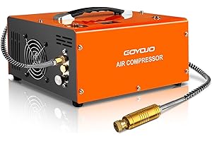 GOYOJO PCP Air Compressor, Max 4500 PSI / 300 Bar, Fast Fill for Airguns or Paintball Tank, Auto Shut-Off, Dual Power Car 12V DC or Home 120V AC, Built-in Cooling Fan, 300W Portable Pcp Pump