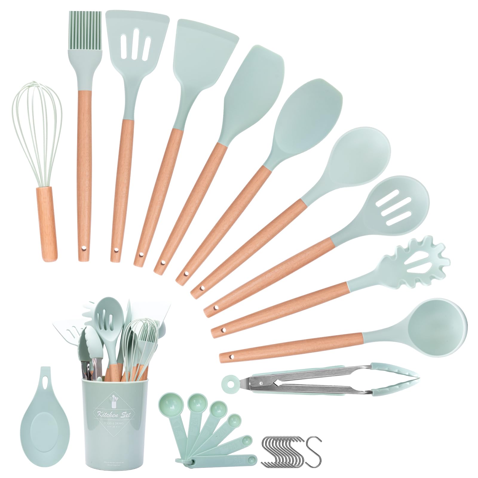 Helterfolg Silicone Kitchen Utensils Set with Wood Handle, 29PCS Kitchen Silicone Utensils Set with Holder, Non-Stick, Heat Resistant Kitchen Gadgets Utensil Set(Light Green)