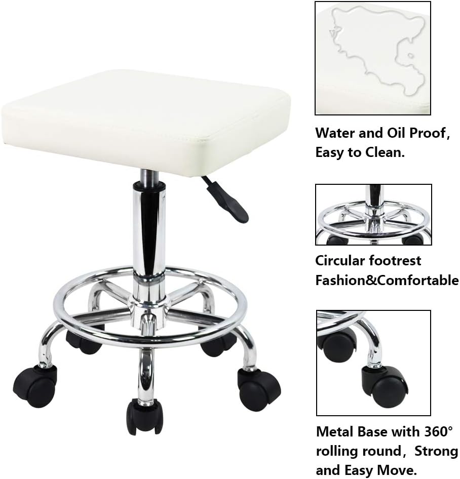 KKTONER Square Rolling Stool with Foot Rest PU Leather Height Adjustable Medical Spa Drafting Salon Tattoo Work Swivel Stools Task Chair Small (White): Kitchen & Dining