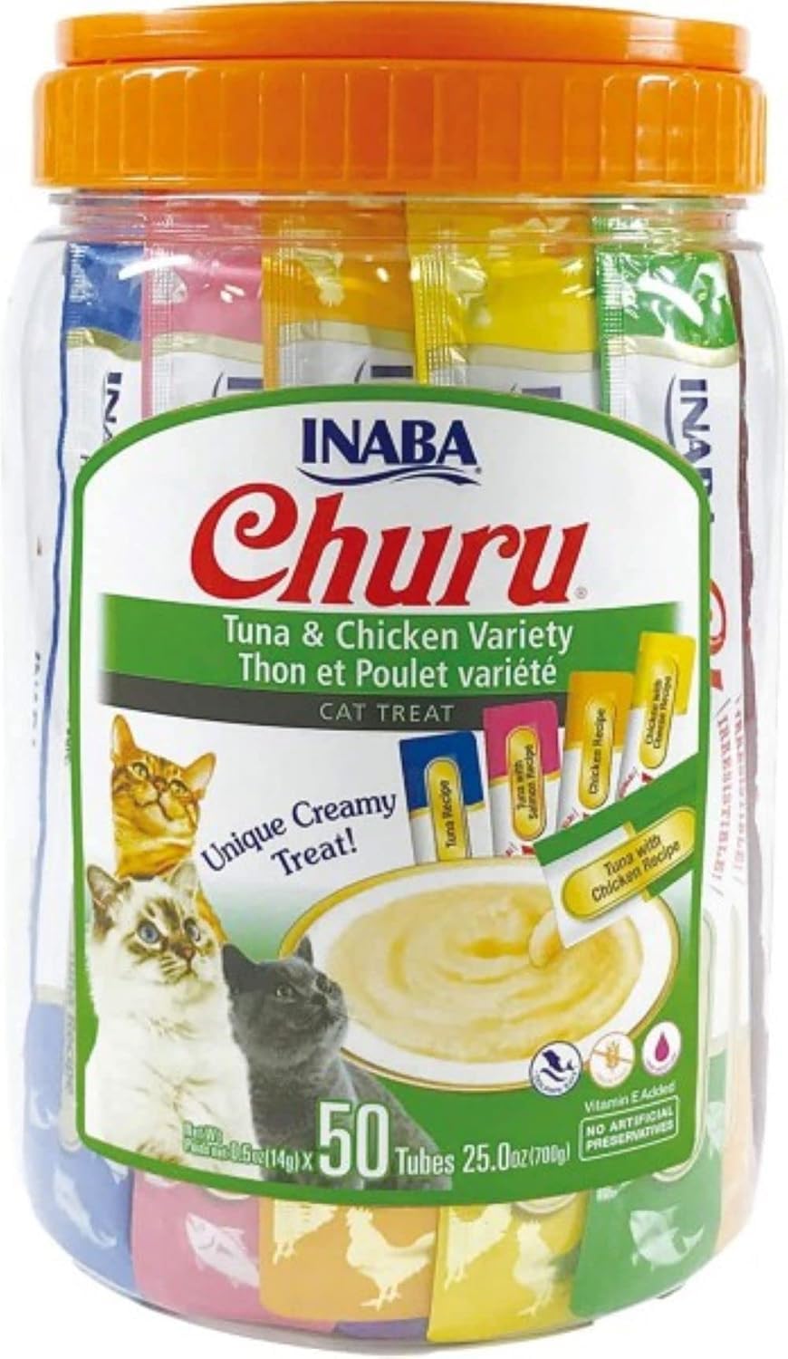 Churu by INABA Cat Treat - Variety Bucket 700g (50 x 14g) / Tuna & Chicken Flavour, Soft & Creamy Cat Treat, Delicious & Healthy Snack, Hand Feeding, Natural, Grain Free, High in Moisture