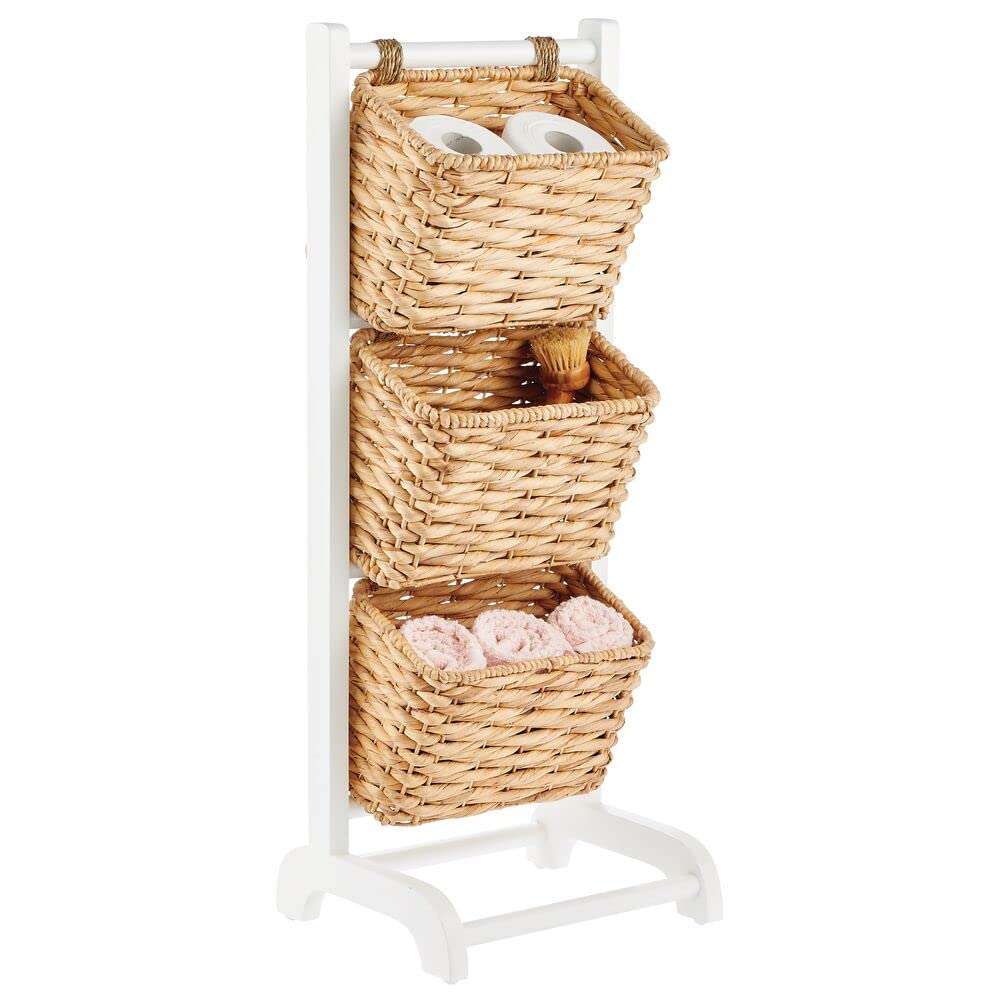 mDesign Wicker Storage Baskets — Freestanding Wicker Shelf Unit for Bathroom, Bedroom and Kitchen Storage — White/Natural