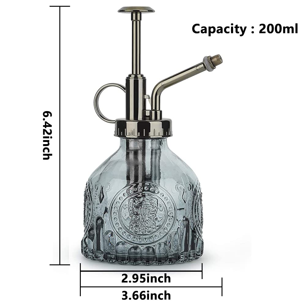 KoGiio Pflanzen Glas Sprühflasche, 200ml Retro Relief Pflanzensprüher mit Pumpe, Fortschrittlich Blumen Zerstäuber Drucksprüher für Balkon Kleiner Gartenpflanzen Indoor Haus Oder Büro-Grau 4