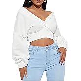 Floerns Women's Y2k Off The Shoulder Sweatshirt Wrap V Neck Lantern Sleeve Crop Pullovers