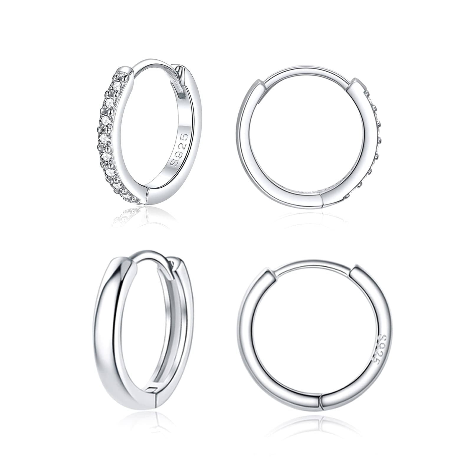 Deyanse Silver Hoops Earrings for Women, 925 Sterling Silver Hoop Earrings Set with Cubic Zirconia, 2 Pairs Small Sleeper Unisex Huggie Earrings, 12mm White Gold Plated Earring Set