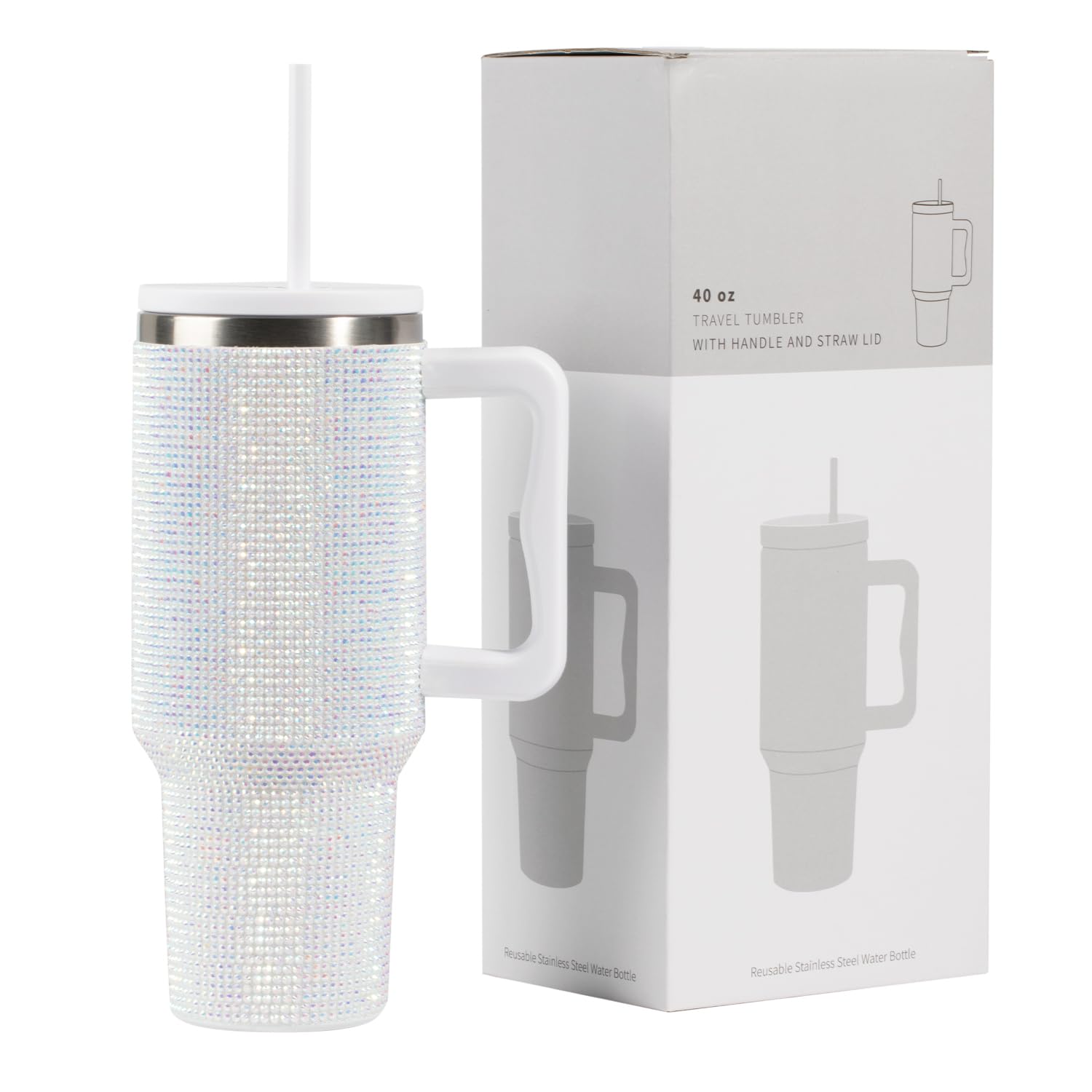 Photo 1 of (MISSING STRAW) OMNISAFE 40 oz Tumbler with Handle, Reusable Insulated Cup with Lid and Straw, Stainless Steel Water Bottle, Travel Mug For Cold and Hot (Diamond)