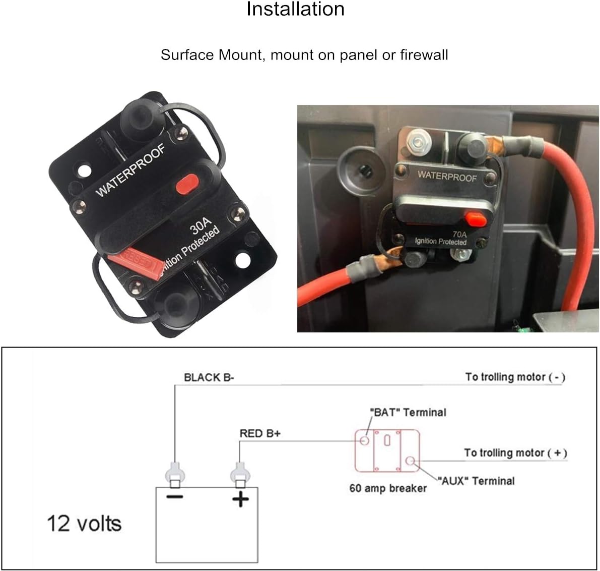 OUHL 50 Amp Circuit Breaker Manual Reset 30-250A for Car Truck Rv ATV Marine Trolling Motors Boat Vehicles,12V-48V DC Waterproof (50A): Automotive