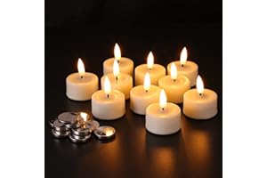 Eywamage Real Wax Ivory Flameless Tealights with Timer Batteries, Realistic Flickering LED Tea Votive Candles Set of 10