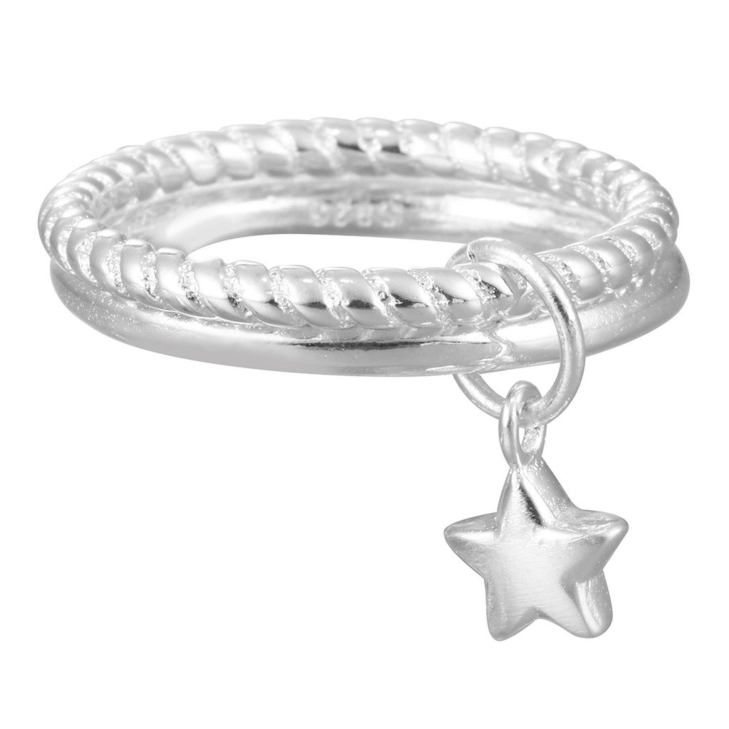 QIANDI Rings Jewellery 925 Sterling Silver Stars Pendant Double Finger Ring for Women Girl