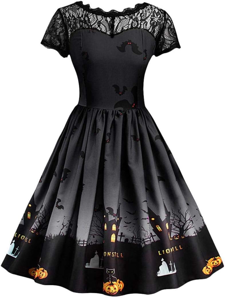 Forthery Halloween Dress, Women Pumpkin Skater Swing Dress A-line Lace Skull Dress