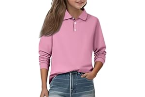 WUJIJIA Girls' Long Sleeve Polo Shirt Classic Solid Color Soft Top School Uniform Casual Wear for Kids