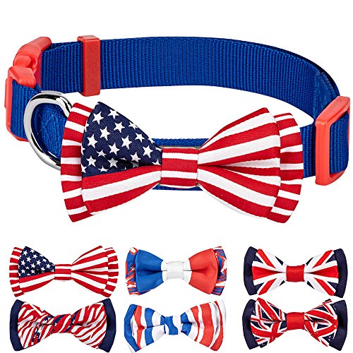 Blueberry Pet 6 Designs National Pride Classic Handmade American Flag Bow Tie Dog Collar in Blue, Small, Neck 12