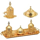 Alisveristime Turkish Coffee Set for Two - Authentic Ottoman Style Cups, Saucers, and Serving Tray with Lale Motifs (Acur) (Gold)