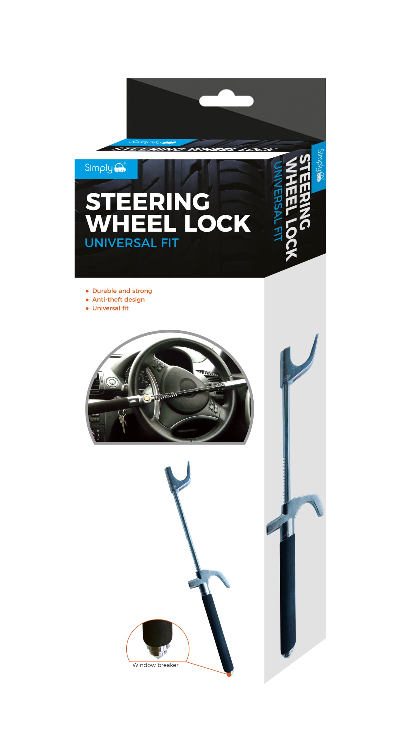 Simply SWL100 Heavy Duty Steering Wheel Lock, Adjustable Hook, Quick to Use, Lock - Protect your Vehicle From Theft, Silver