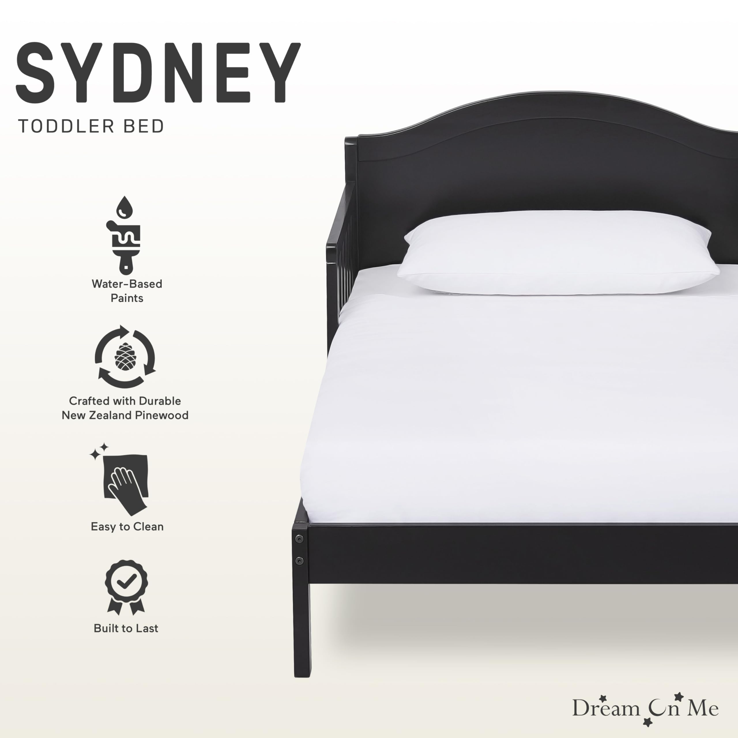 Dream On Me Sydney Toddler Bed in Black, Greenguard Gold Certified, JPMA Certified, Low To Floor Design, Non-Toxic Finish, Safety Rails, Made Of Pinewood