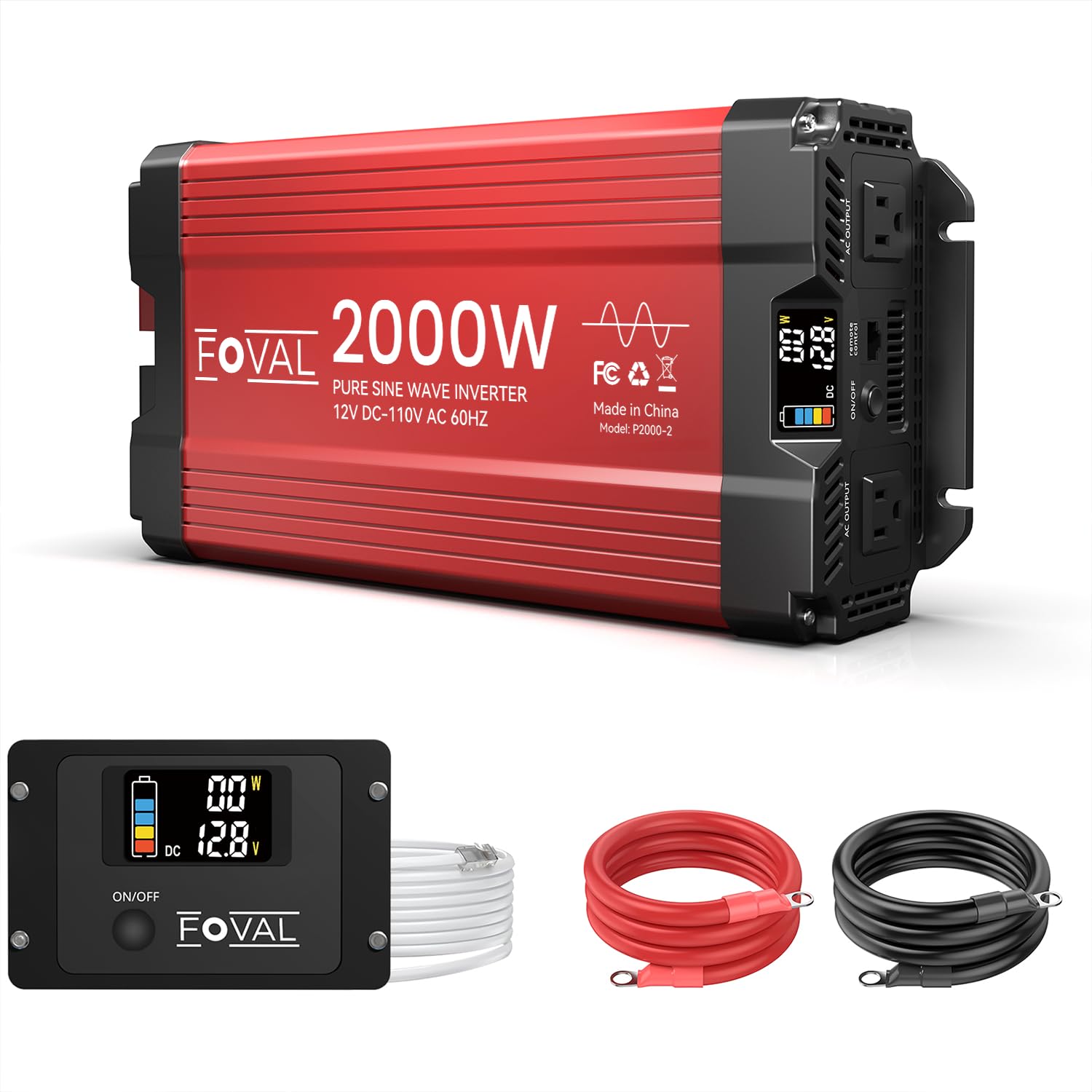 Photo 1 of FOVAL 2000W Pure Sine Wave Inverter 12V DC to 110V AC Converter, 4000W Peak Power Inverter with LCD Display and 2 AC Outlets for Home, RV, Truck, and Off-Grid Solar System, Remote Controller
