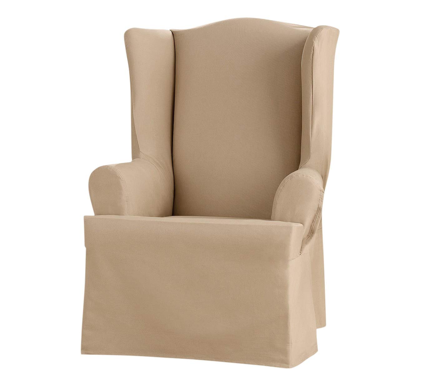 Photo 1 of SureFit Heavyweight Cotton Duck Wing Chair Slipcovers, Heavyweight Cotton Wing Chair Cover, One Piece Design, Armchair Cover with Seat Elastic and Adjustable Corner Ties, Khaki