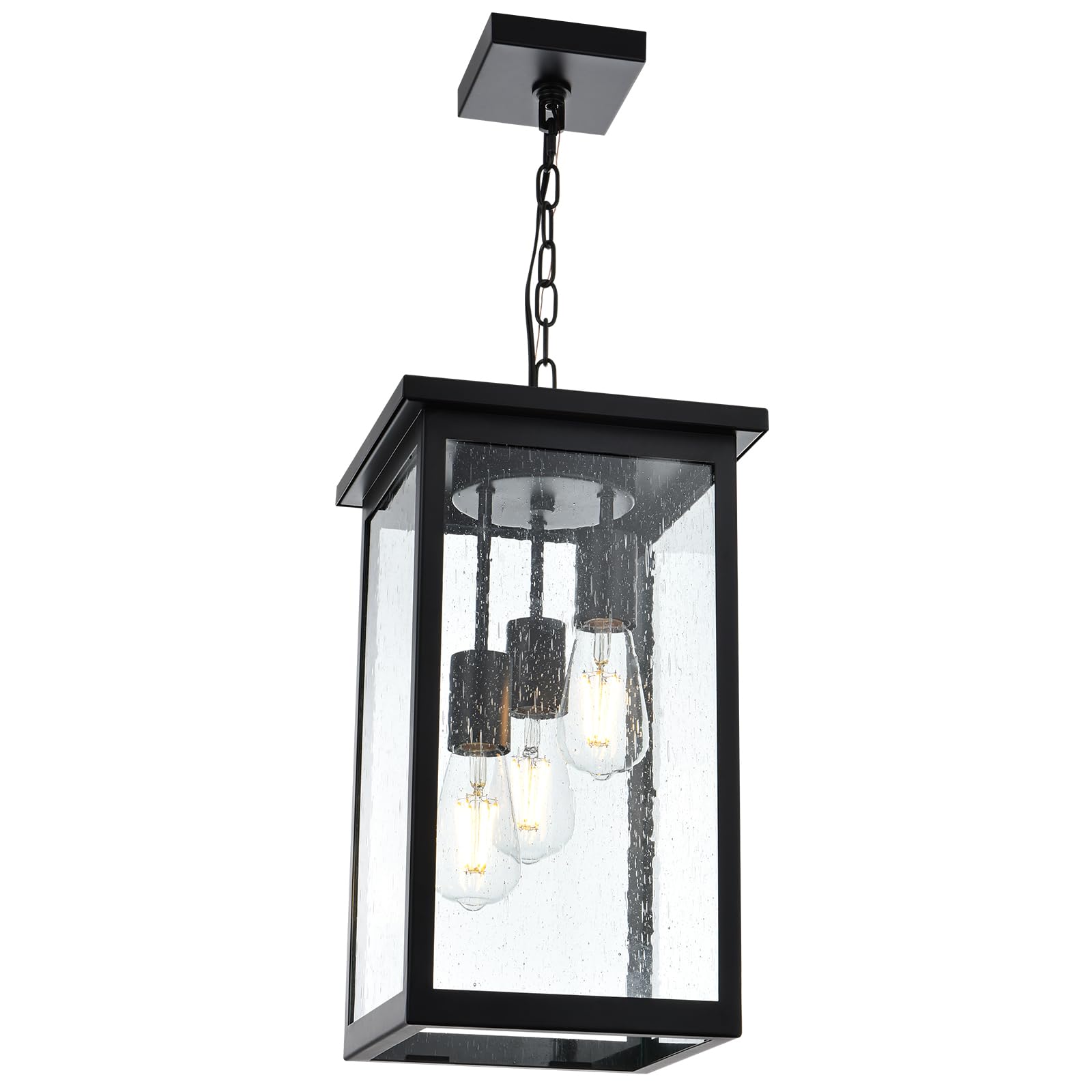 Photo 1 of **MISSING ONE GLASS**TODOLUZ 3-Lights Large Outdoor Pendant Light, Black Porch Ceiling Lighting Fixtures with Seeded Glass Panel, Exterior Hanging Lantern Adjustable Chain for Yard Entryway Patioj 