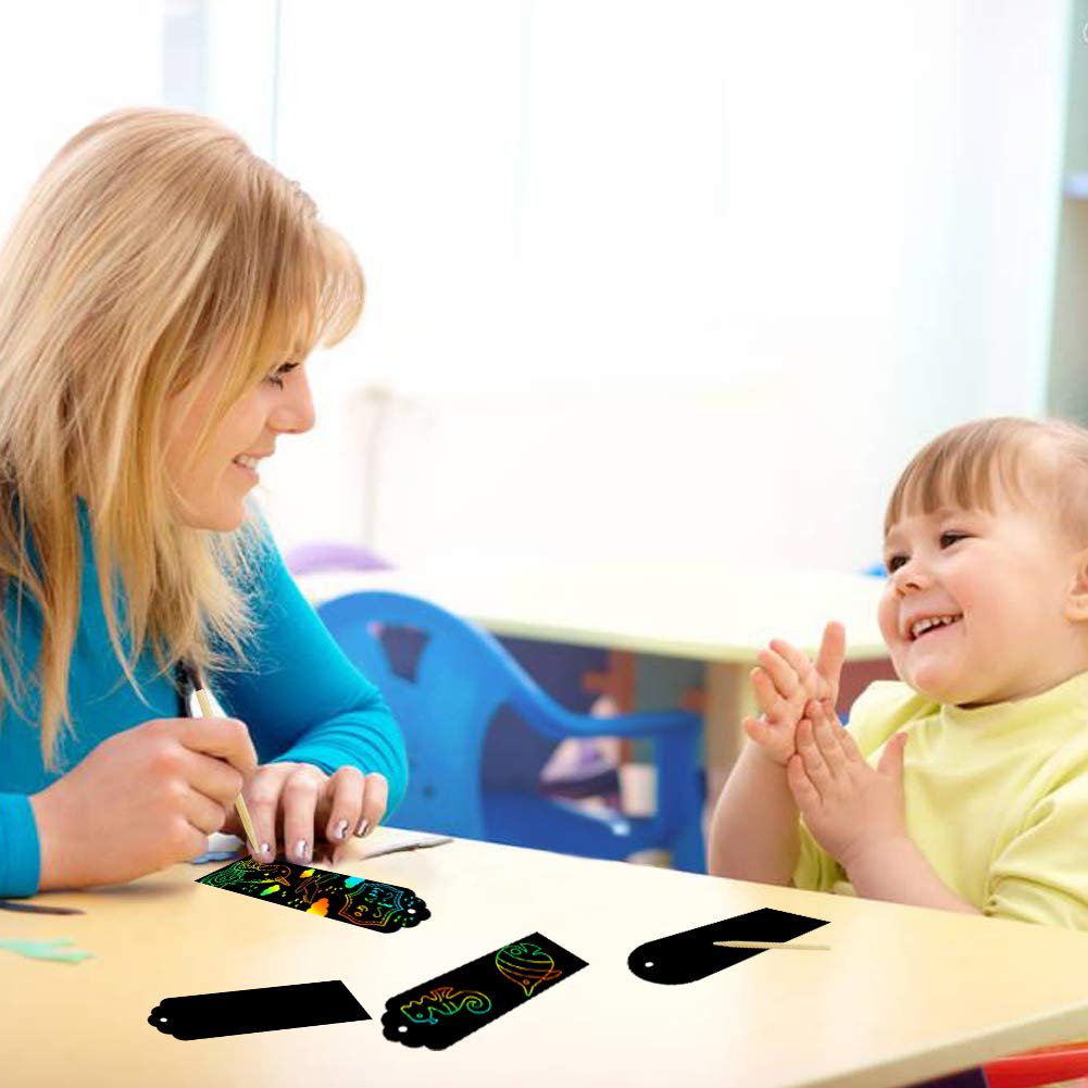 KOMIWOO Scratch Rainbow-Bookmarks, Magic Scratch Paper Art Bookmarks DIY Gift Tags with Satin Ribbons, Wood Stylus, Rope, Storage Bag for Kids Party and Arts & Craft Activity