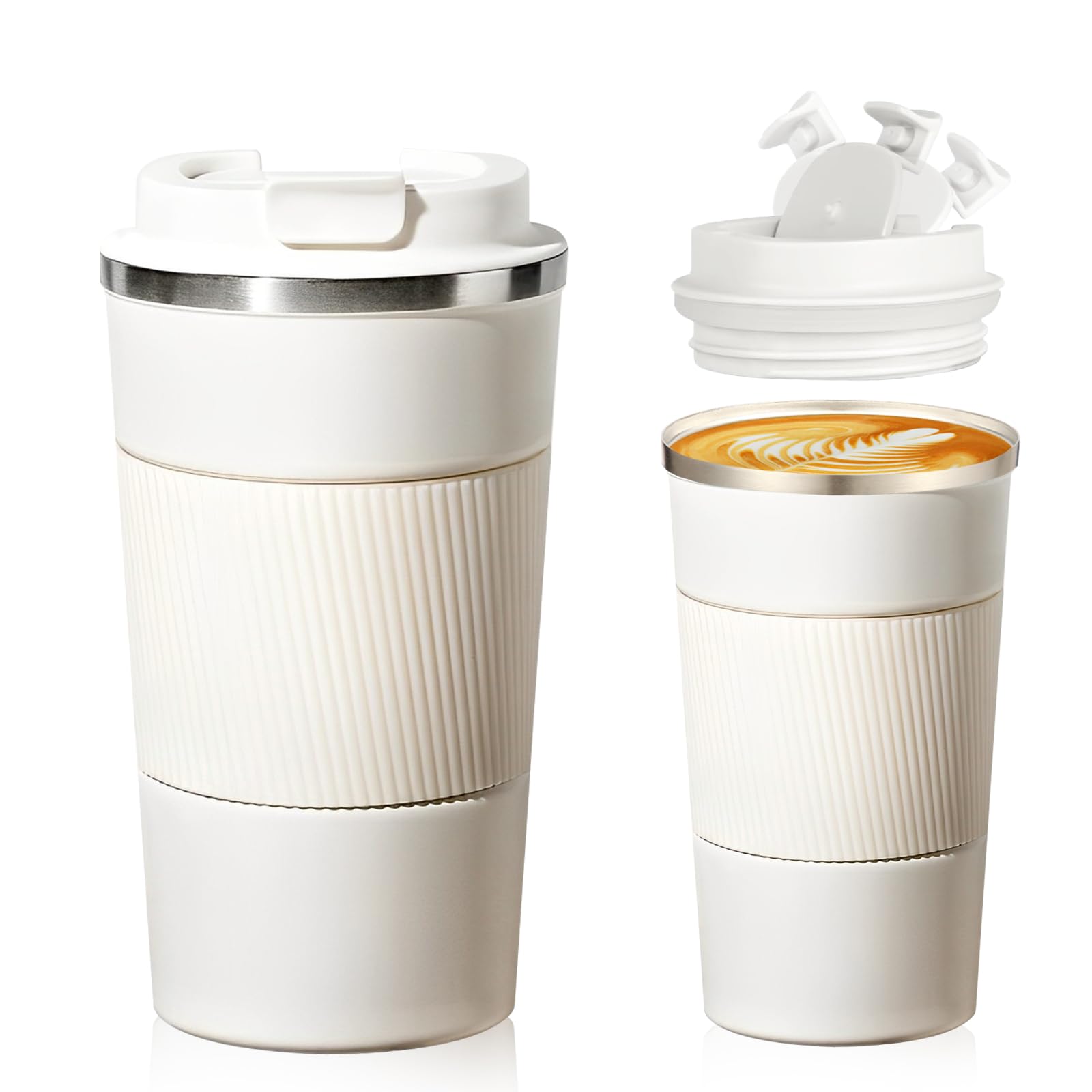 Senshuomy Travel Mug, Insulated Coffee Cup with Leakproof Lid, Reusable Coffee Cups Travel Cup, Stainless Steel thermaol Mug for Hot Cold Drinks (White 380ml)
