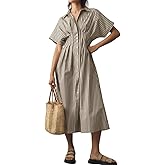 chouyatou Women's Contrast Color Striped Shirt Dress Pleated Button Down Maxi Long Tunic Dress