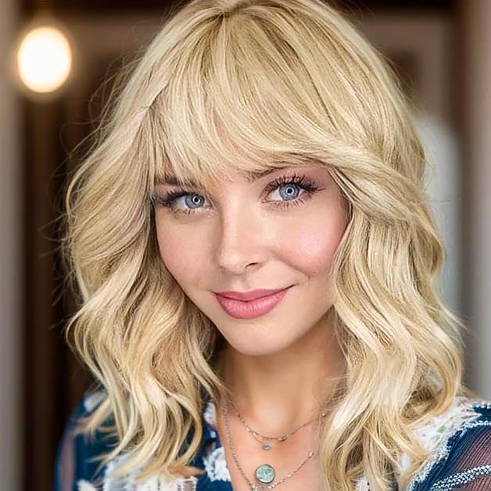 YEESHEDO Short Blonde Bob Wig with Fringe for Women Ladies Wavy Curly Shoulder Length Wigs with Bangs Natural Heat Resistant Fiber Hair for Halloween Daily Use 14 inch (Light Blonde)