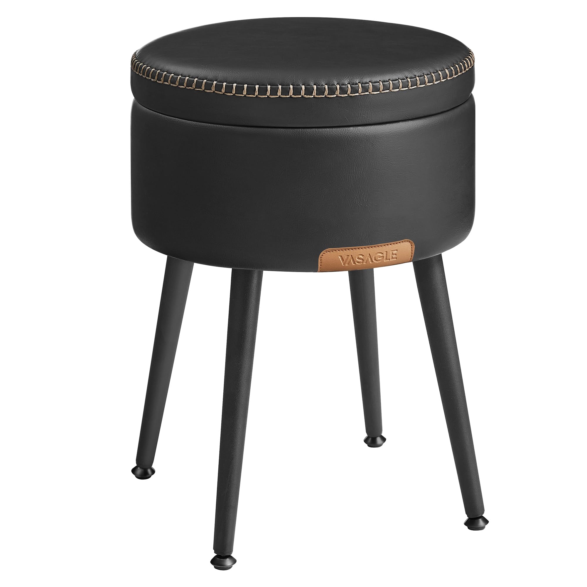 Photo 1 of VASAGLE EKHO Collection - Storage Ottoman, Vanity Chair Stool, Synthetic Leather with Stitching, Mid-Century Modern, Round Storage Seat with Steel Legs, Loads 330 lb, Ink Black ULOM005B01