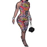 VOIKERDR Sexy Jumpsuits for Women Mesh Print Halter Backless Jumpsuits Capri Club Outfits
