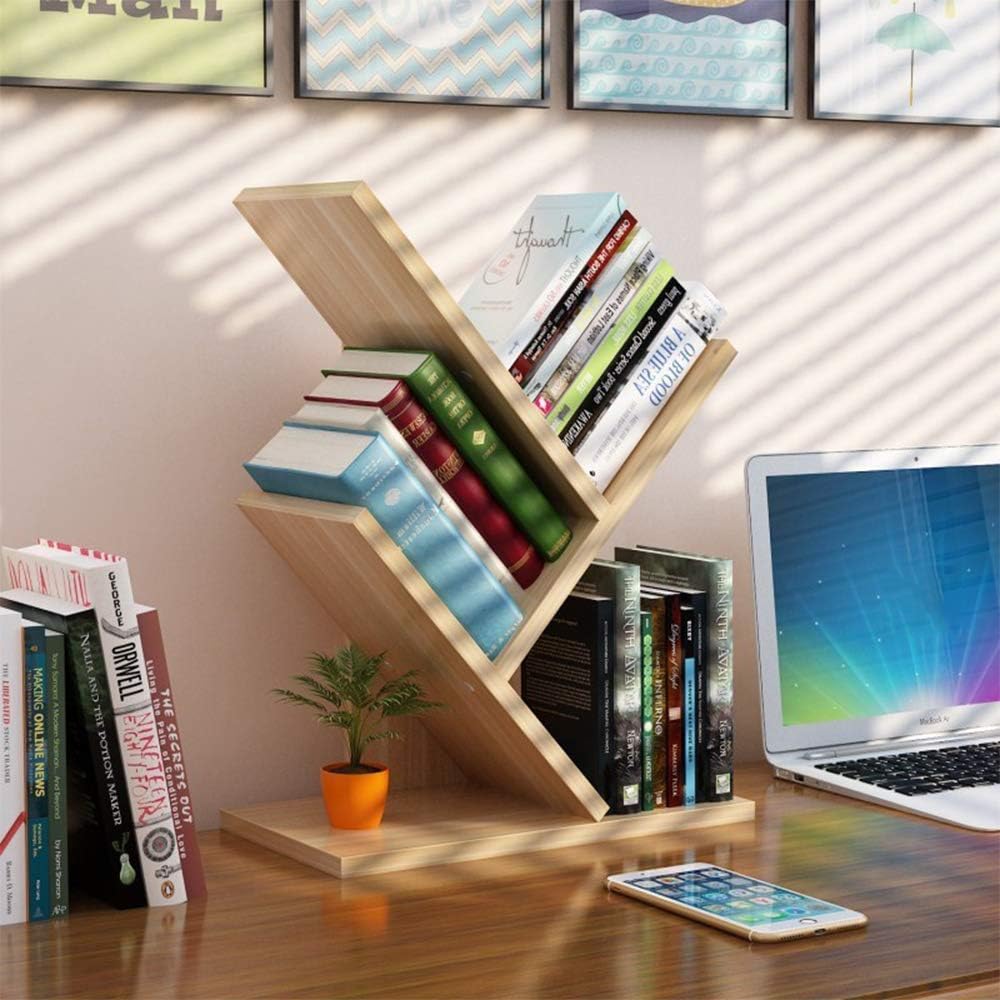GNSDA 3-Shelf Bookshelf Bookcase, Home Office Storage Rack, Easy Installation, Quality MDF Tree Shelf Display Organizer for Books, Magazines, CDs Photo, Light walnut