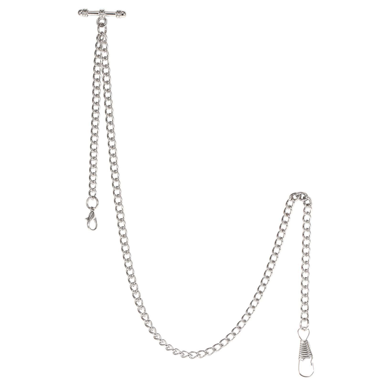 TREEWETO Pocket Watch Albert Chain T-Bar Watch Chain Link 16 inch 2 Hooks Silver Classic Antique Fob T Bar