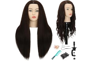 Sirydtm 28" Mannequin Head with Human Hair Dark Brown 80% Real Hair Blue eyes Styling Practice Mannequin Head Doll head for Cosmetology & Hairdresser with Free Clamp Stand and Tools（4）