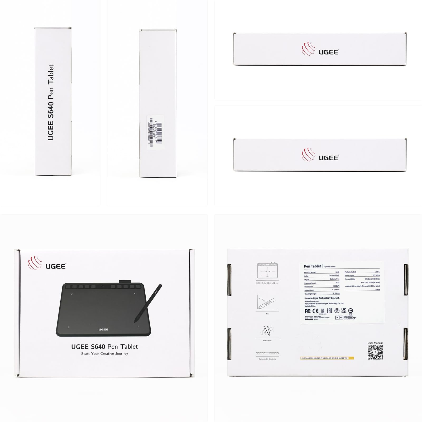 UGEE S640 Graphics Drawing Tablet, Digital Draw Art Pad with Pen Battery-Free Stylus Tilt Function 8192 Levels Pressure Sensitivity 10 Express Keys for Mac, Windows PC and Android