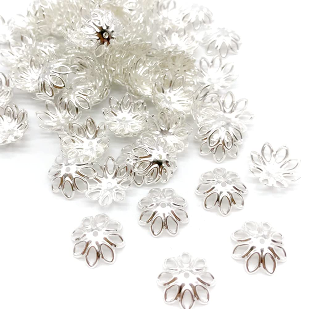 500PCS 15mm Gold Tone Flower Bead Caps Big Hollow Spacer Bead End Caps for Necklace Bracelet Earring Jewelry Making DIY Bead Working (Silver)