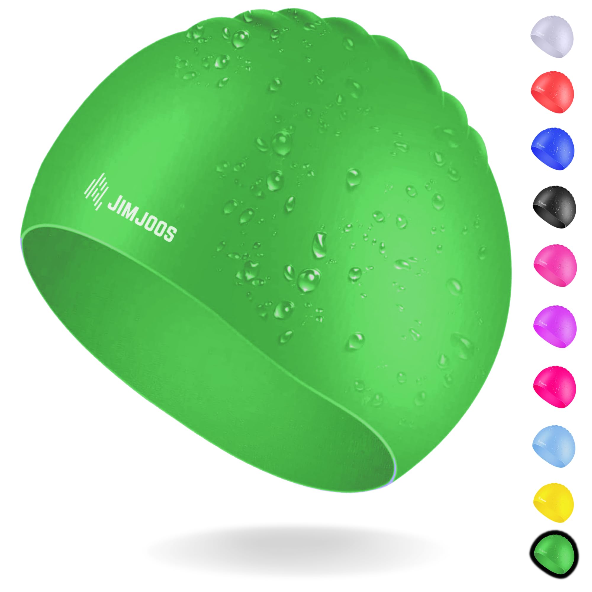 JIMJOOS Kids Swimming Cap 3–14 Years - Silicone Swim Cap for Boys & Girls - Anti-Slip, Stretchable, Waterproof Swimming Hat - Durable, Odour-Free Swim Hat with Protective Pouch (GREEN, 3-8 Years) — image 1