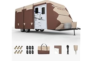 NARELECT RV Cover Travel Trailer Cover: 30'-33' Camper Covers 7 Layers Top Windproof Waterproof Rip-Stop with Tongue Jack Cover, Gutter Cover, Extra Windproof Ropes, Brown