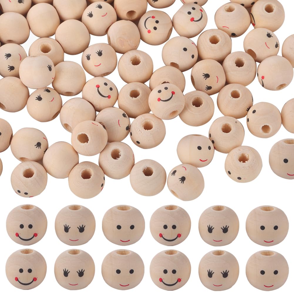 GORGECRAFT 150pcs 3 Styles Smile Wooden Beads 12mm Face Spacers with 2.9mm Hole for DIY Craft Bracelet Necklace Jewelry Making