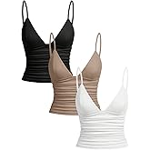 OYOANGLE Women's 3 Pack Shelf Bra Cami Tops V Neck Spaghetti Strap Ruched Fitted Crop Camisole Tops