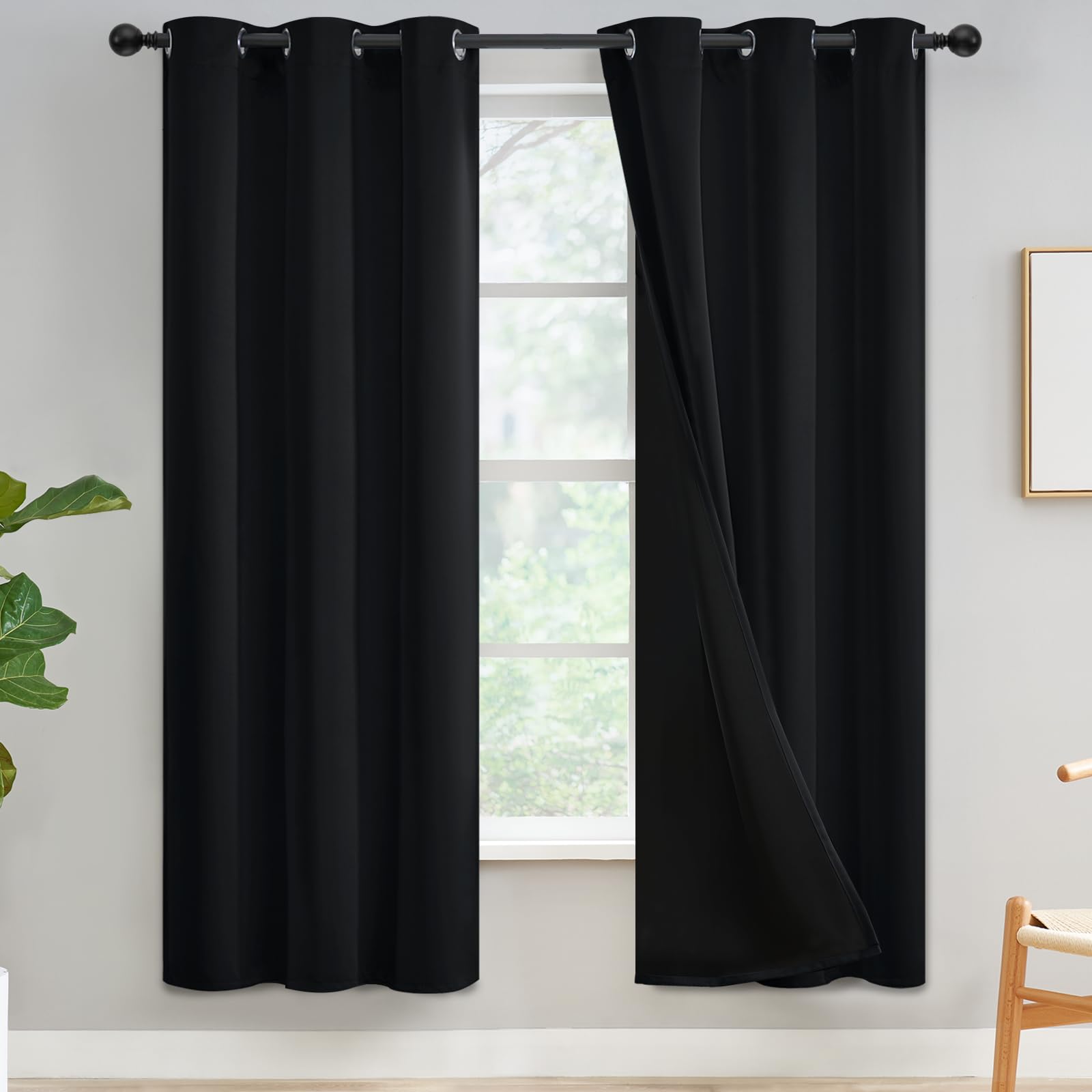 Blackout Curtains 72 inch Length, Thermal Insulated & Energy Efficiency Window Draperies for Guest Room, Full Shading Panels with Black Liner for Shift Worker and Light Sleepers, W42 x L72, Black