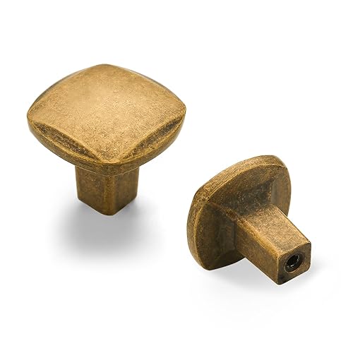 KNOKLOCK 10 Pack Kitchen Cabinet Knob Antique Brass Square Dresser Knobs Drawer Knobs Vintage Retro Kitchen Cabinet Hardware Knobs for Dresser Drawers