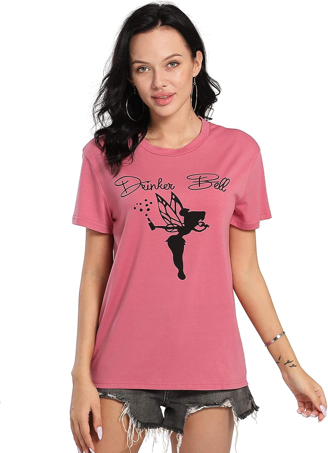 YUYUEYUE Drinkerbell Fairy O-Neck T Shirt Women Tinkerbell Funny Graphic Printed Short Sleeve Drinking Party Top Tees