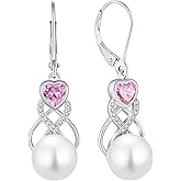 EJARY Freshwater Cultured Pearl Earrings 925 Sterling Silver Dangle 10MM Pearls Earring with Heart Birthstone Jewelry for Women