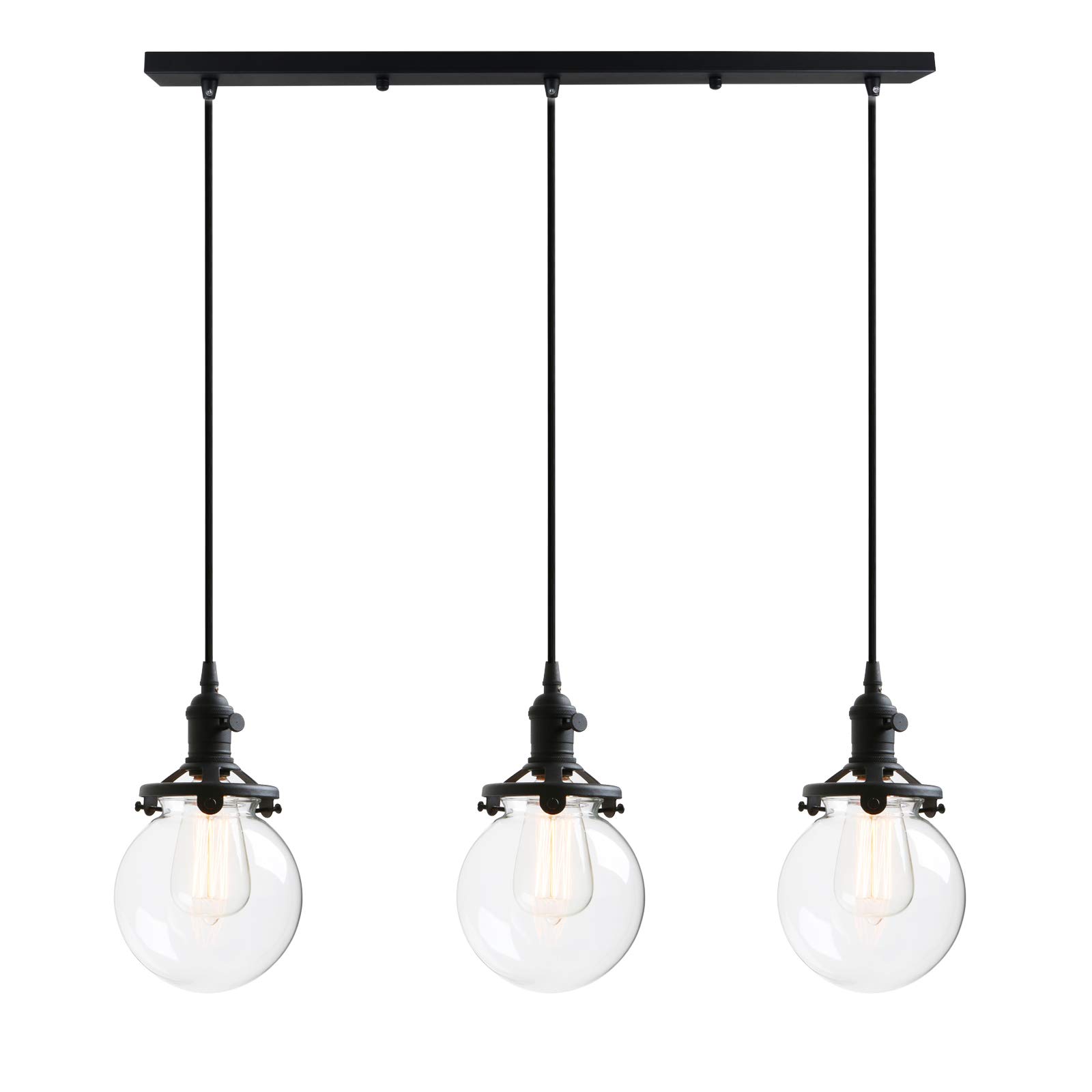 Phansthy Vintage Pendant Light with Switch, Adjustable Cord Wire Hanging Lamp Cluster Chandelier with Globe Clear Glass Shade, Indoor Modern Ceiling Light Fixtures for Kitchen Living Room (Black)