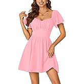 Rooscier Women's Tie Back Square Neck Wrap Ruffle Short Sleeve Flare Mini Dress