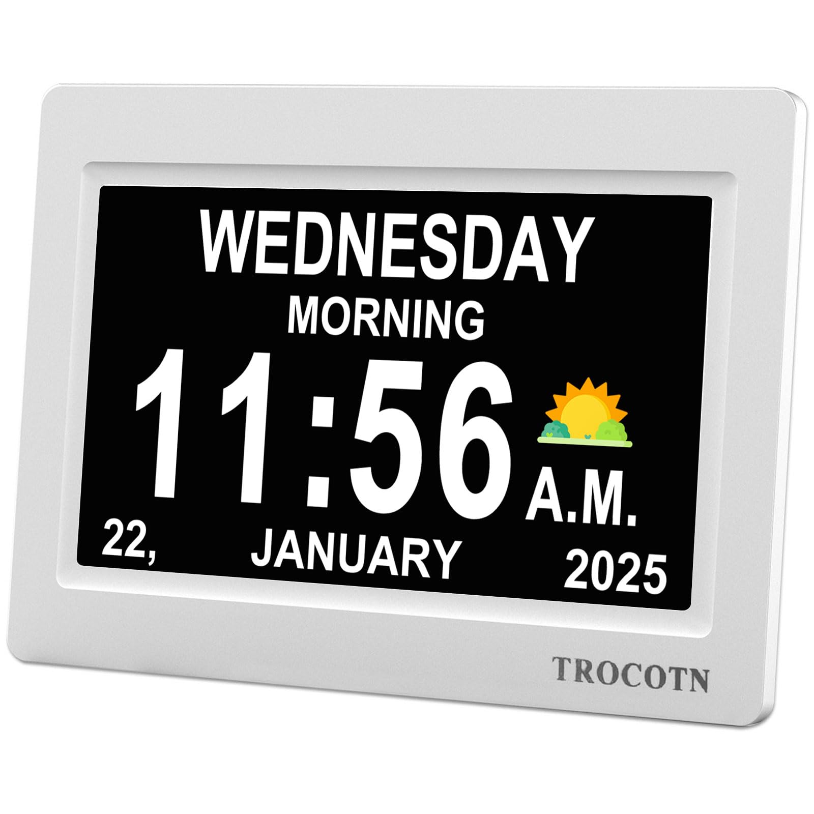 TROCOTN Dementia Clock, Digital Clock with Date and Day for Elderly Use, Large Display with Auto-Dimming for Bedroom and Living Room (7 Inches White)